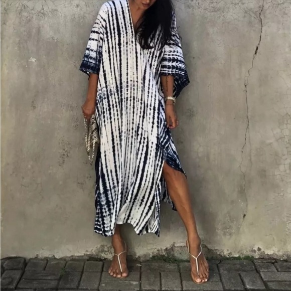 NEW! Bohemian Tie Dye Kimono Maxi Tunic Dress Beach Cover Up - Picture 6 of 6